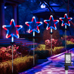 Red White Blue 8 Large Neon Star Pathway Lights, Plug-in, Outdoor Patriotic Decor