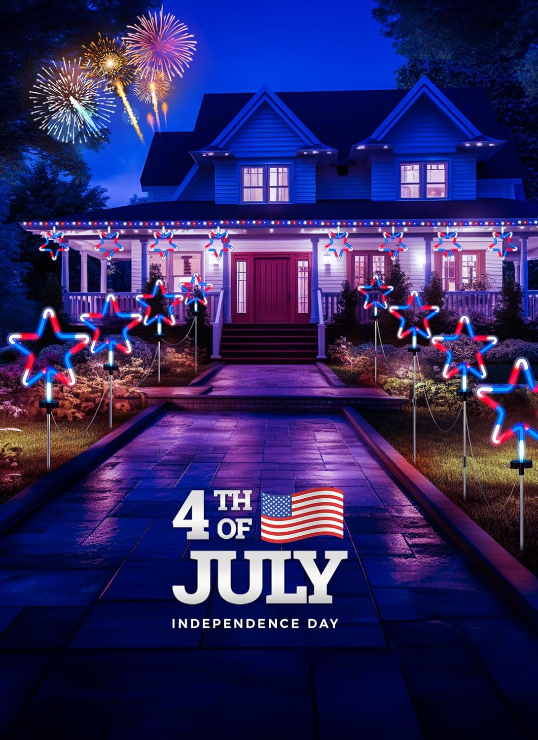 Red White Blue 8 Large Neon Star Pathway Lights, Plug-in, Outdoor Patriotic Decor