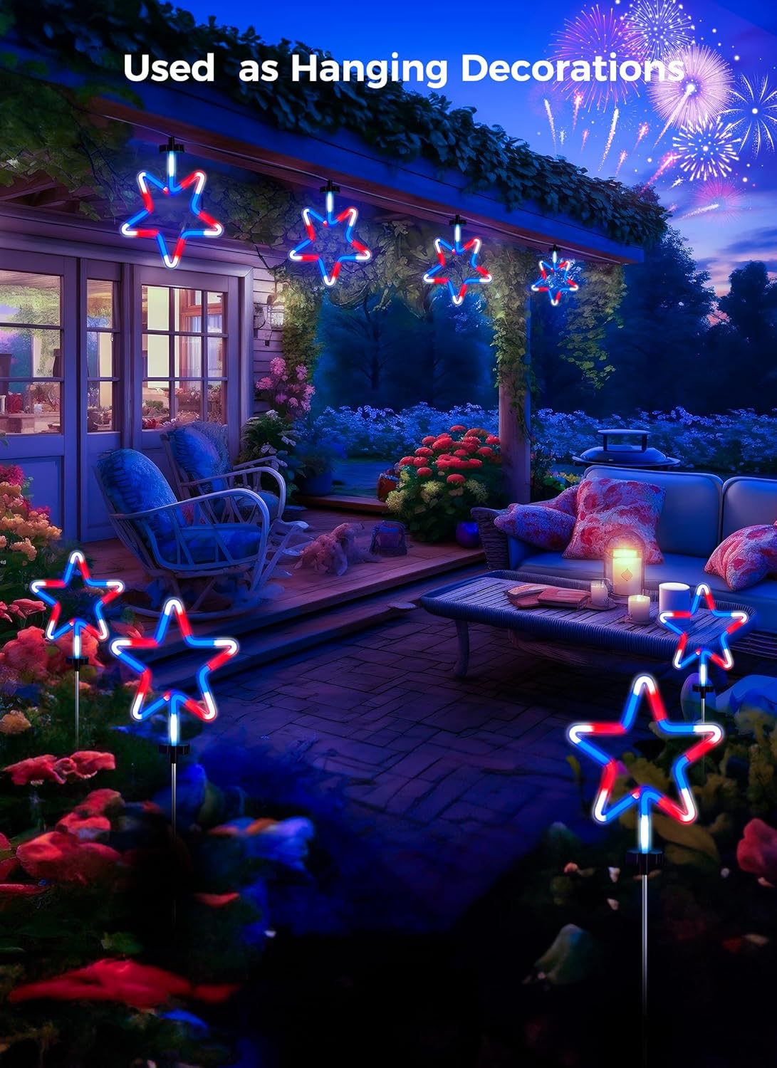 Red White Blue 8 Large Neon Star Pathway Lights, Plug-in, Outdoor Patriotic Decor