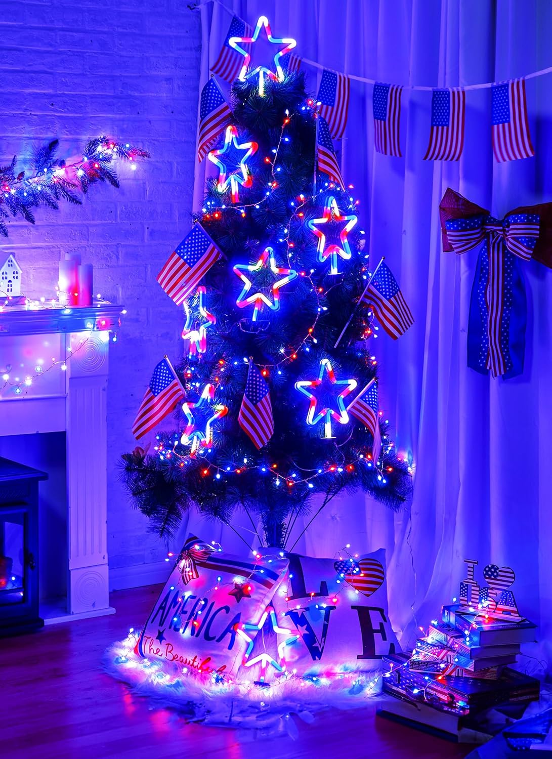 Red White Blue 8 Large Neon Star Pathway Lights, Plug-in, Outdoor Patriotic Decor