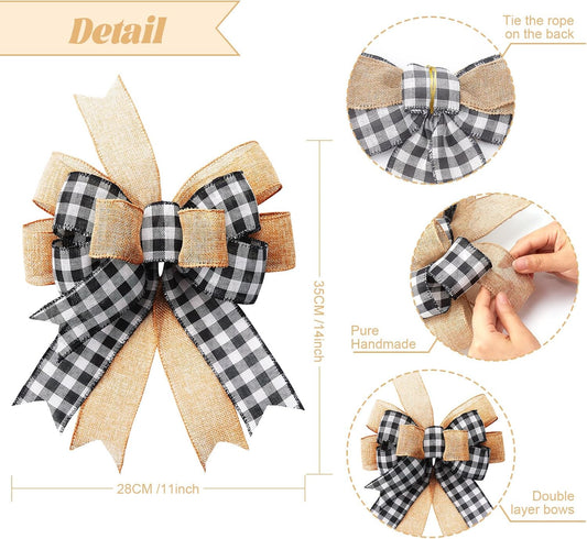 Buffalo Plaid Burlap Bows - 14" Rustic Decor (2 Pack)