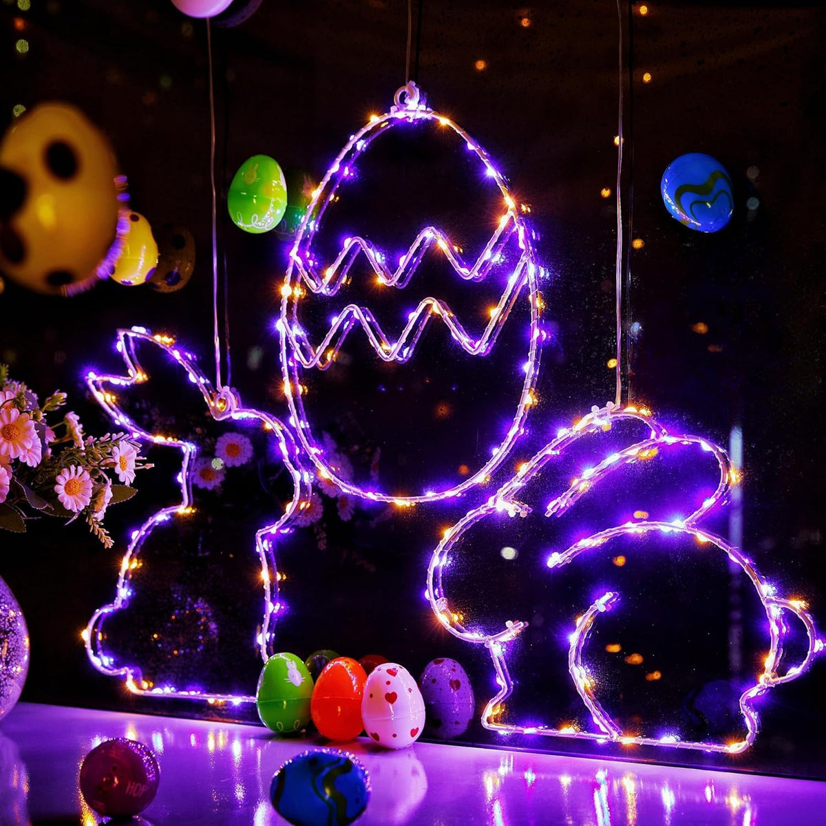 3 Pack Bunny Egg Shaped Easter Window Lights, Battery Operated