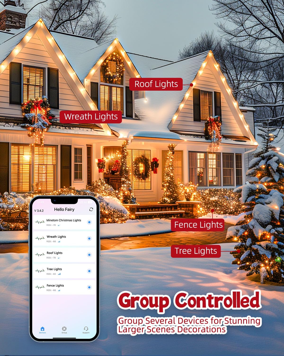 66FT Smart RGB String Lights, App Controlled, Dimmable, Waterproof