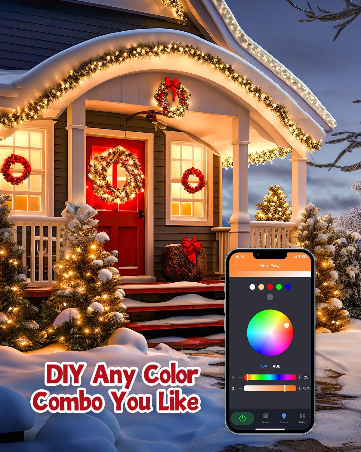 66FT Smart RGB String Lights, App Controlled, Dimmable, Waterproof