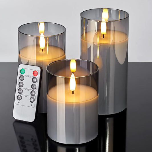 Set of 3 Glass Flameless Candles with Remote and Timer, Smoke Grey