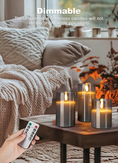 Set of 3 Glass Flameless Candles with Remote and Timer, Smoke Grey
