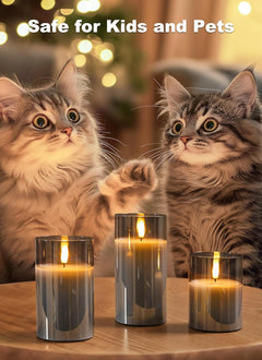 Set of 3 Glass Flameless Candles with Remote and Timer, Smoke Grey