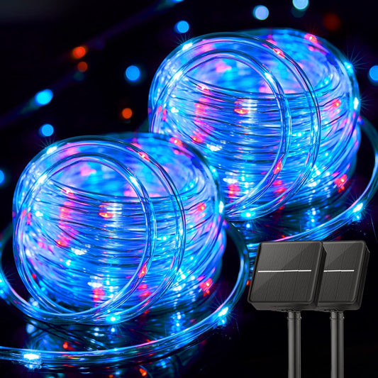 Solar Red White Blue 2-Pack 200 LED 78ft String Lights with 8 Modes, Waterproof