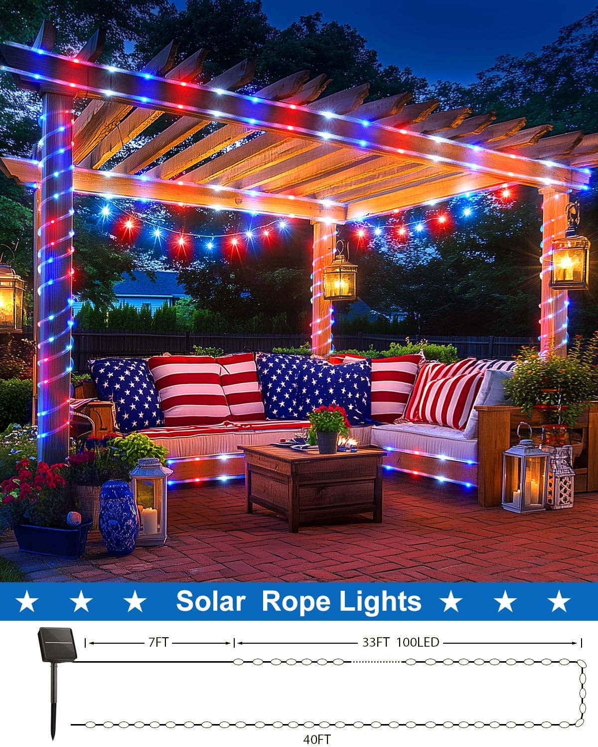 Solar Red White Blue 2-Pack 200 LED 78ft String Lights with 8 Modes, Waterproof