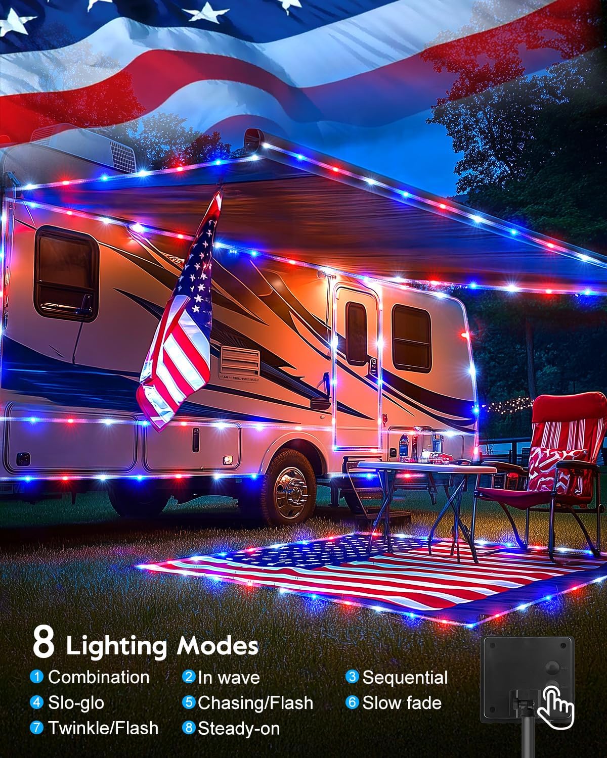 Solar Red White Blue 2-Pack 200 LED 78ft String Lights with 8 Modes, Waterproof