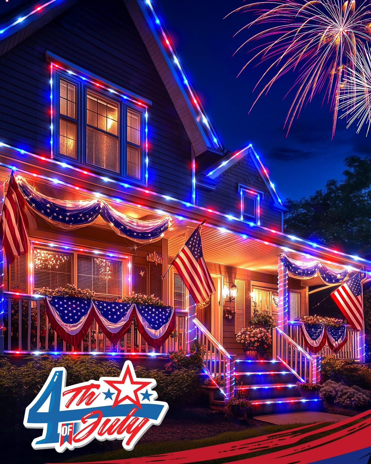 Solar Red White Blue 2-Pack 200 LED 78ft String Lights with 8 Modes, Waterproof