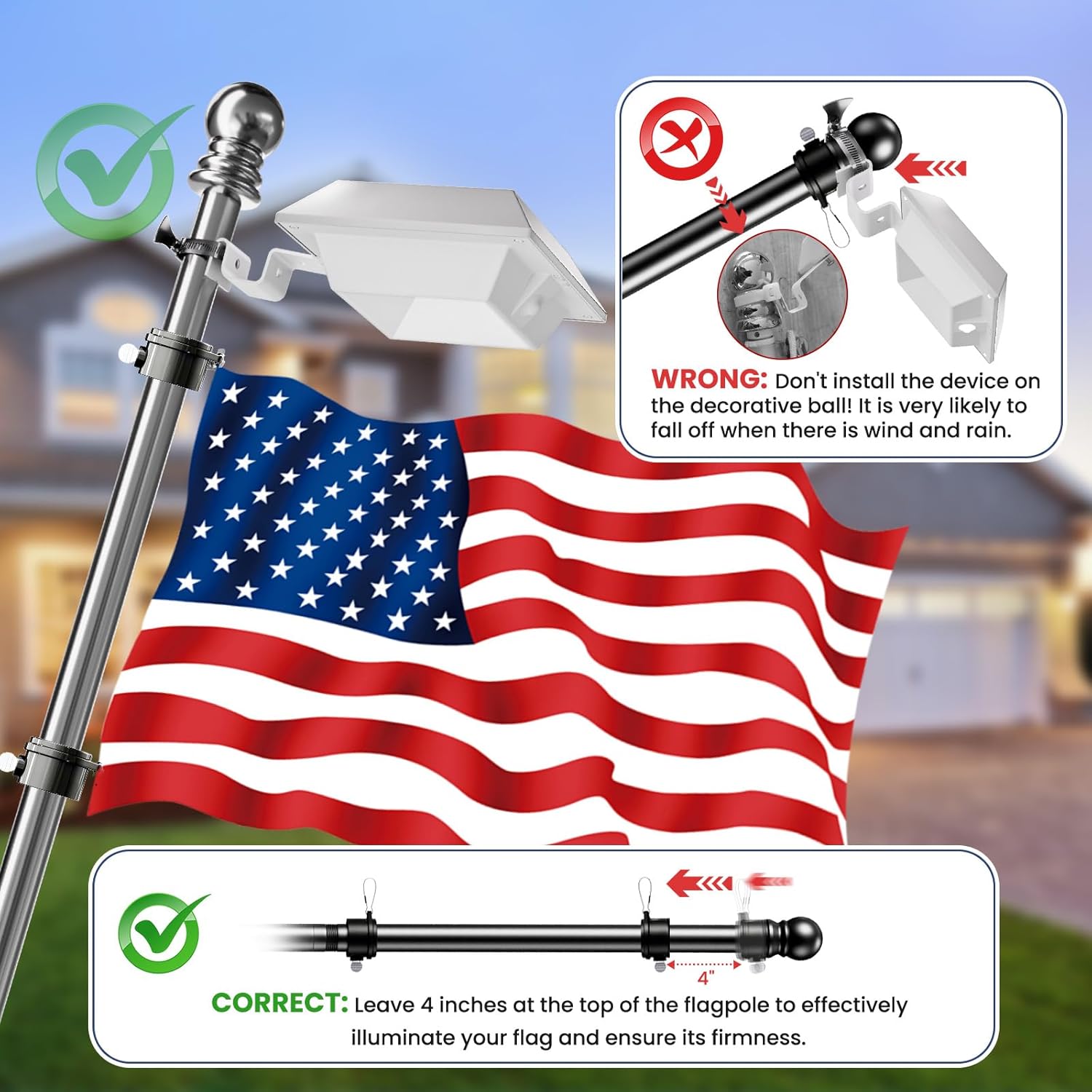 Solar Flag Pole Lights – Fits 1-2.36" & 1-1.5" Poles, IP65 Waterproof, 6-18H LED