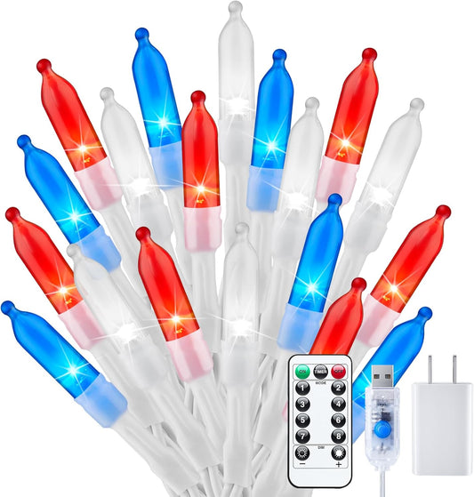 Red White Blue USB-Powered 200 LED String Lights with Remote, Waterproof