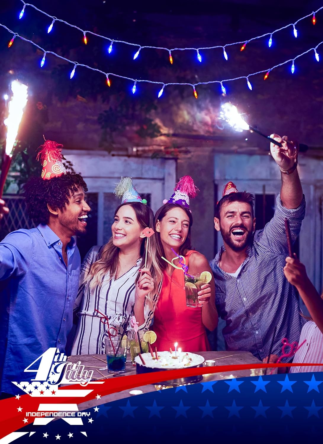 Red White Blue USB-Powered 200 LED String Lights with Remote, Waterproof