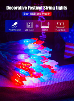Red White Blue USB-Powered 200 LED String Lights with Remote, Waterproof