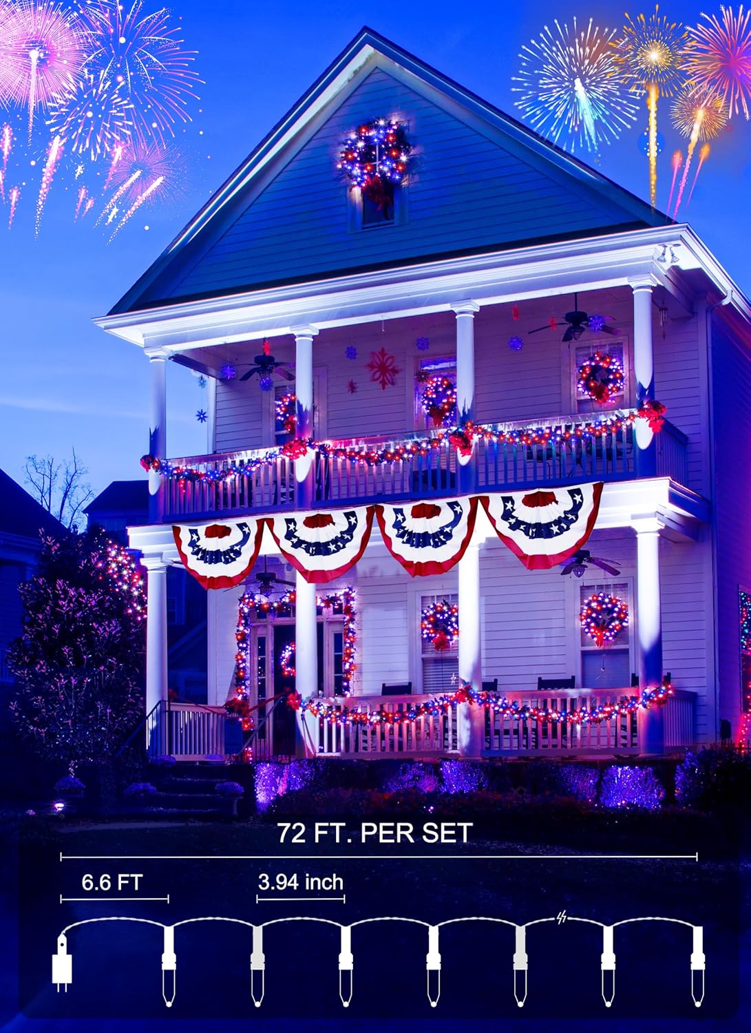 Red White Blue USB-Powered 200 LED String Lights with Remote, Waterproof