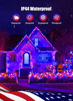 Red White Blue USB-Powered 200 LED String Lights with Remote, Waterproof