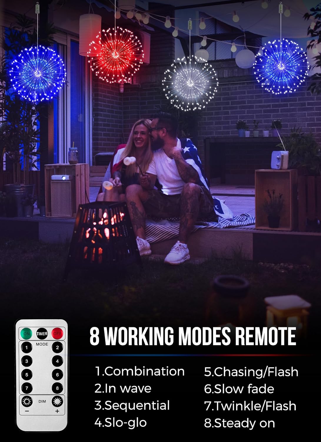 3-Pack Battery Operated Red White Blue Firework String Lights, 540 LEDs, Remote & Timer