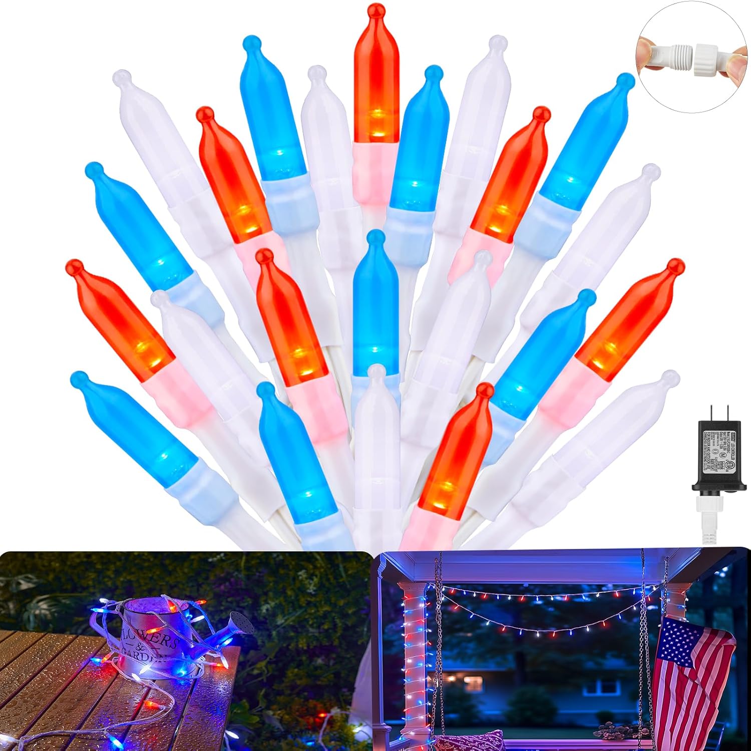Red White Blue 39ft LED String Lights, 100 LEDs, 8 Modes, Connectable, Waterproof