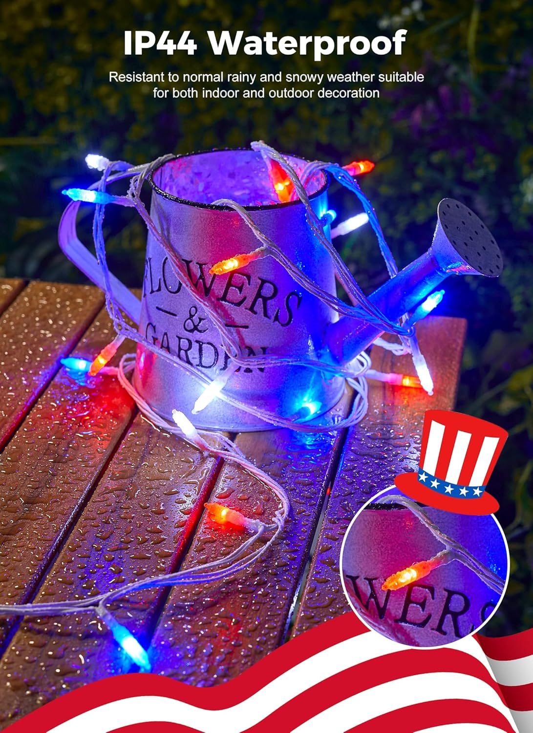 Red White Blue 39ft LED String Lights, 100 LEDs, 8 Modes, Connectable, Waterproof