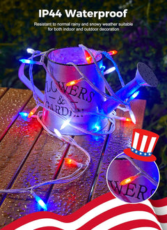 Red White Blue 39ft LED String Lights, 100 LEDs, 8 Modes, Connectable, Waterproof