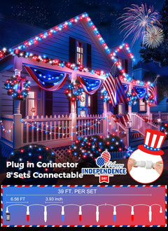 Red White Blue 39ft LED String Lights, 100 LEDs, 8 Modes, Connectable, Waterproof