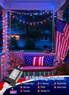 Red White Blue 39ft LED String Lights, 100 LEDs, 8 Modes, Connectable, Waterproof