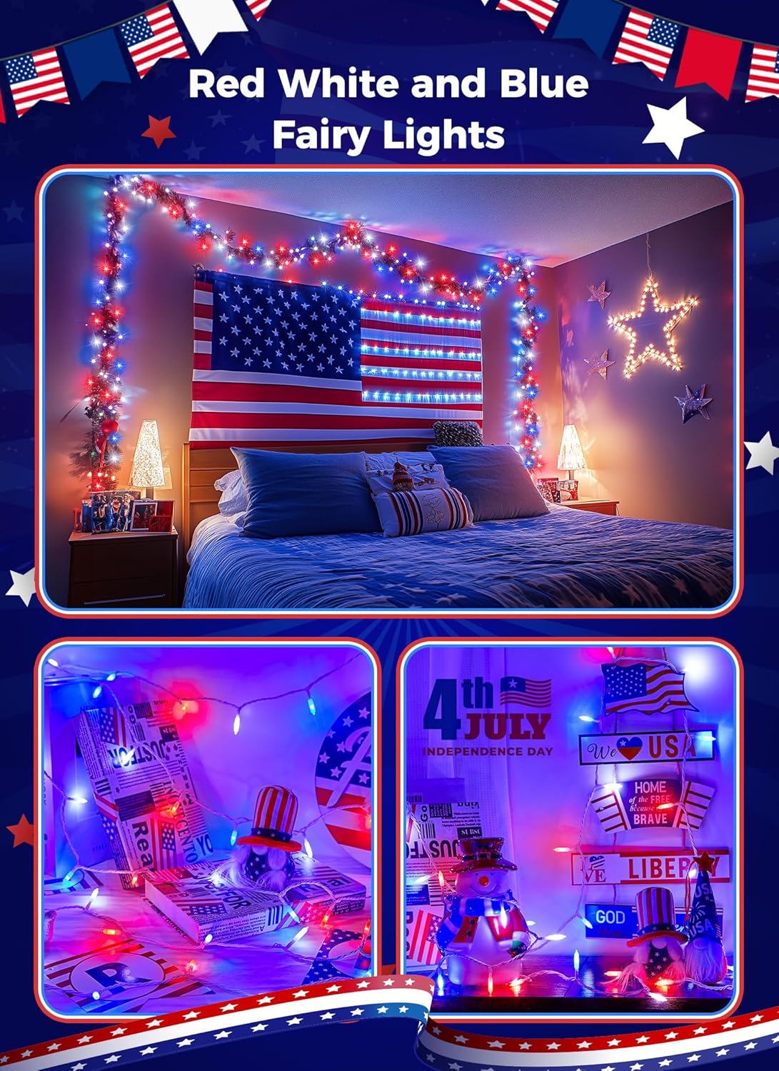 Red White Blue 39ft LED String Lights, 100 LEDs, 8 Modes, Connectable, Waterproof