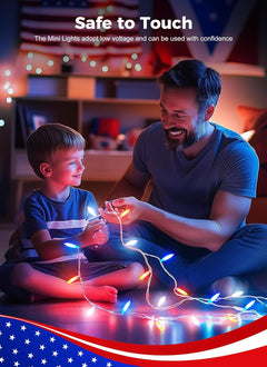 Red White Blue 39ft LED String Lights, 100 LEDs, 8 Modes, Connectable, Waterproof