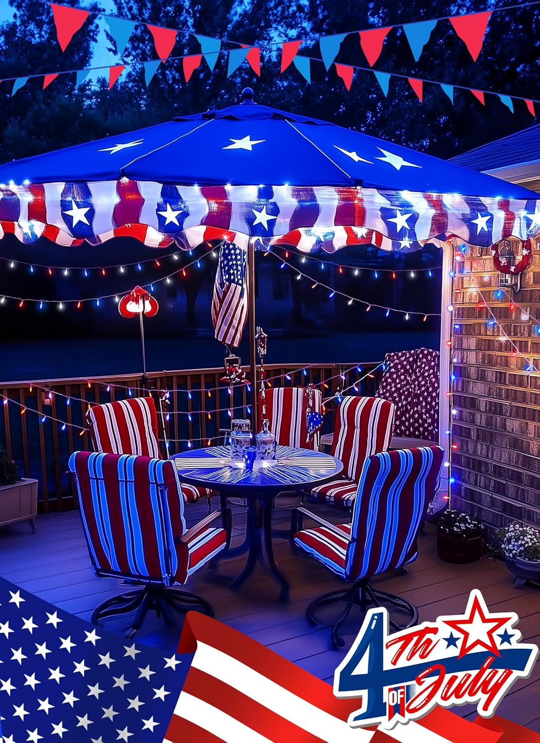Red White Blue 39ft LED String Lights, 100 LEDs, 8 Modes, Connectable, Waterproof