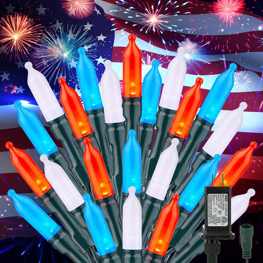 Patriotic 39ft LED String Lights, 100 Red White Blue, 8 Modes, Connectable