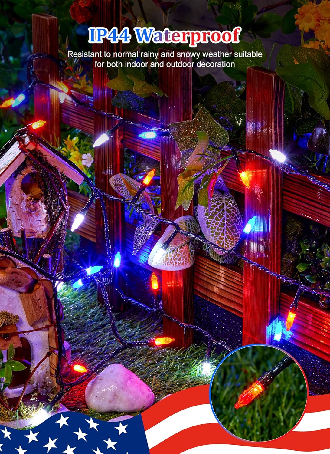 Patriotic 39ft LED String Lights, 100 Red White Blue, 8 Modes, Connectable