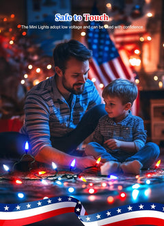 Patriotic 39ft LED String Lights, 100 Red White Blue, 8 Modes, Connectable