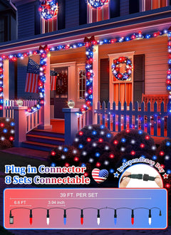 Patriotic 39ft LED String Lights, 100 Red White Blue, 8 Modes, Connectable