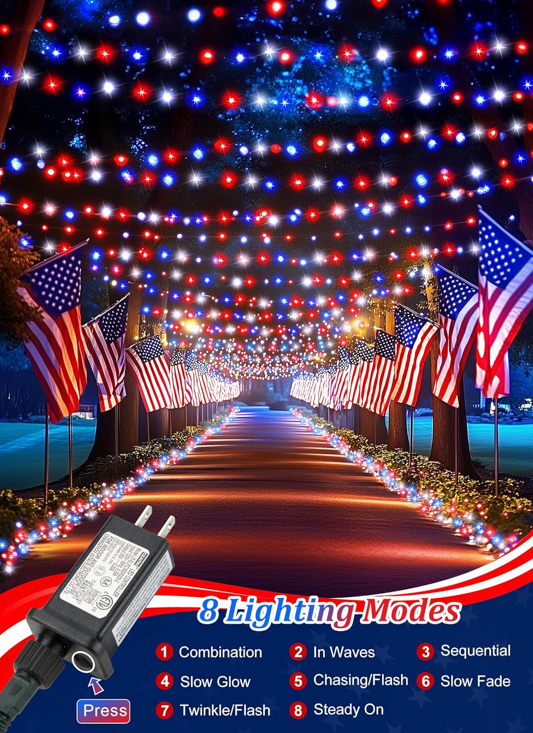 Patriotic 39ft LED String Lights, 100 Red White Blue, 8 Modes, Connectable