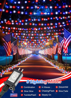Patriotic 39ft LED String Lights, 100 Red White Blue, 8 Modes, Connectable