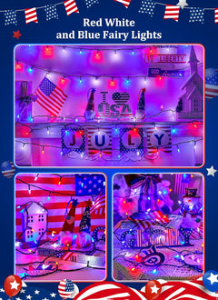 Patriotic 39ft LED String Lights, 100 Red White Blue, 8 Modes, Connectable