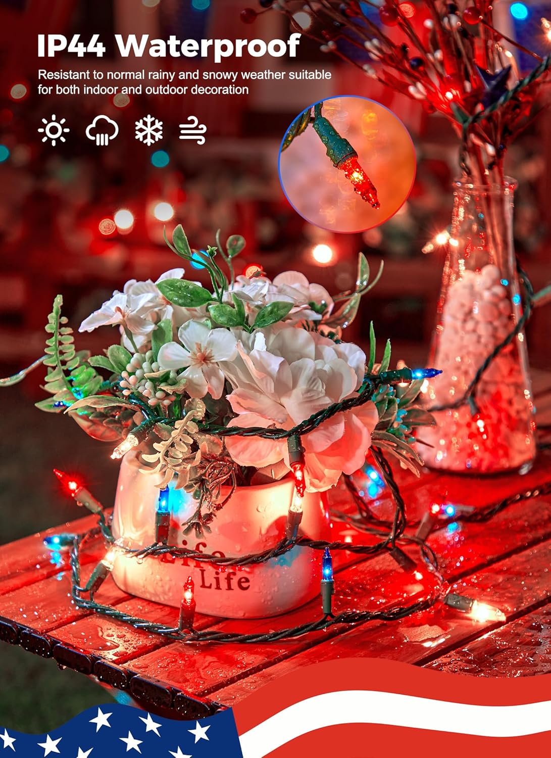 Red White Blue 50 LED Mini String Lights, 13ft Waterproof, Green Wire