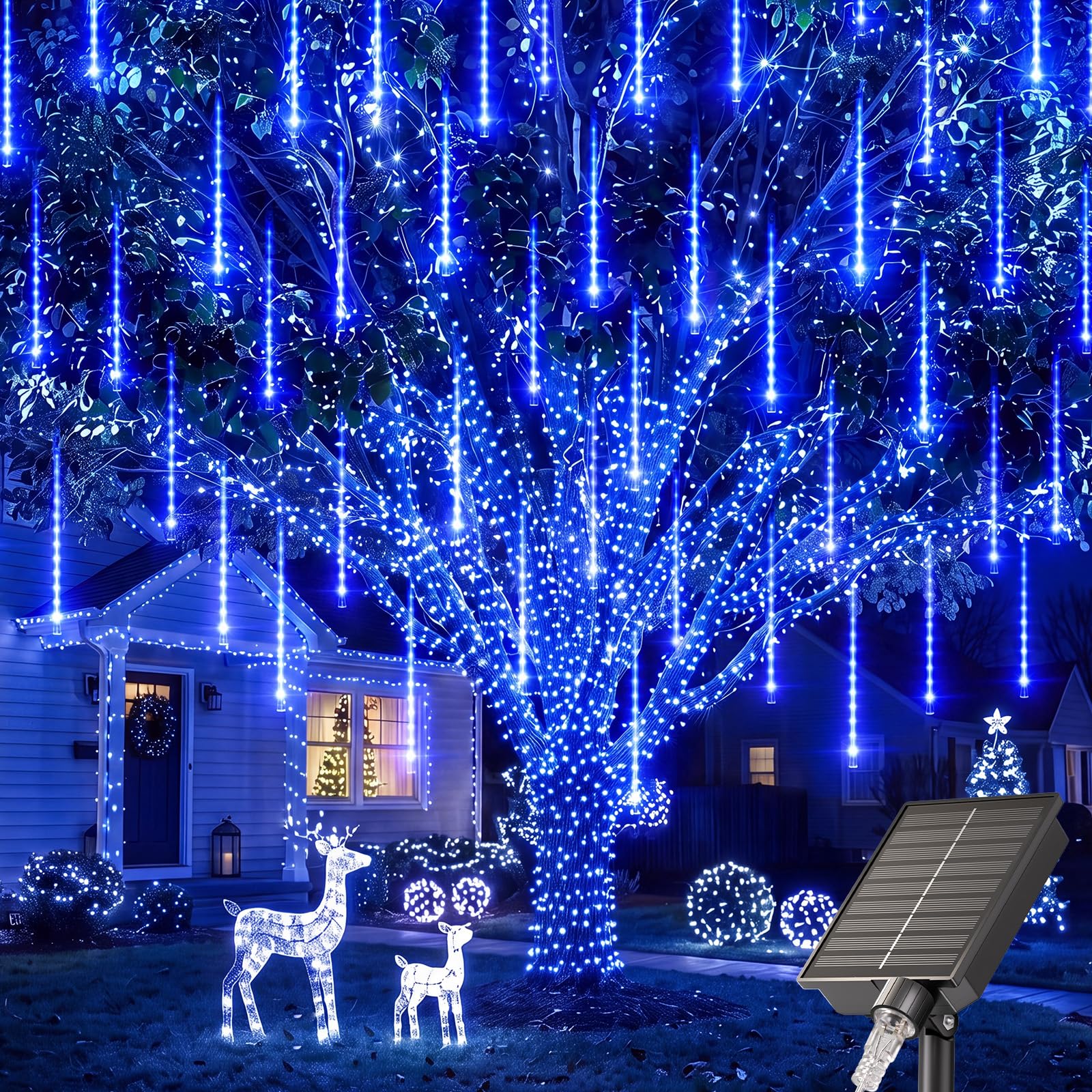 384 LED Cascading Falling Rain Icicle Lights Outdoor, Blue, IP65 Waterproof, 20+ Hrs Runtime