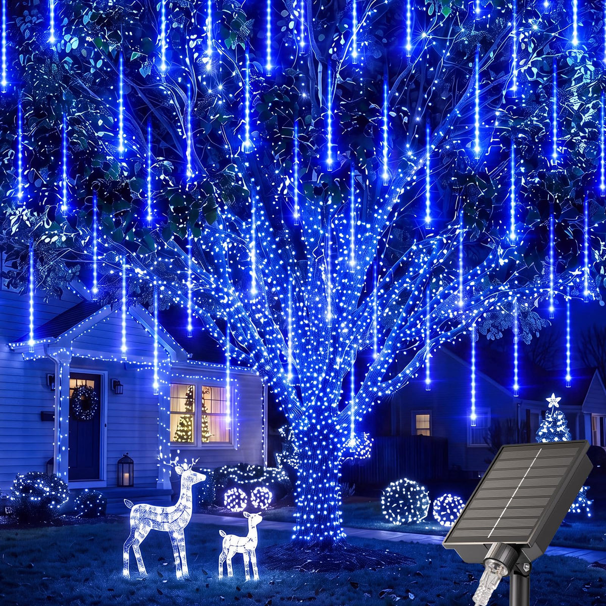 384 LED Cascading Falling Rain Icicle Lights Outdoor, Blue, IP65 Waterproof, 20+ Hrs Runtime