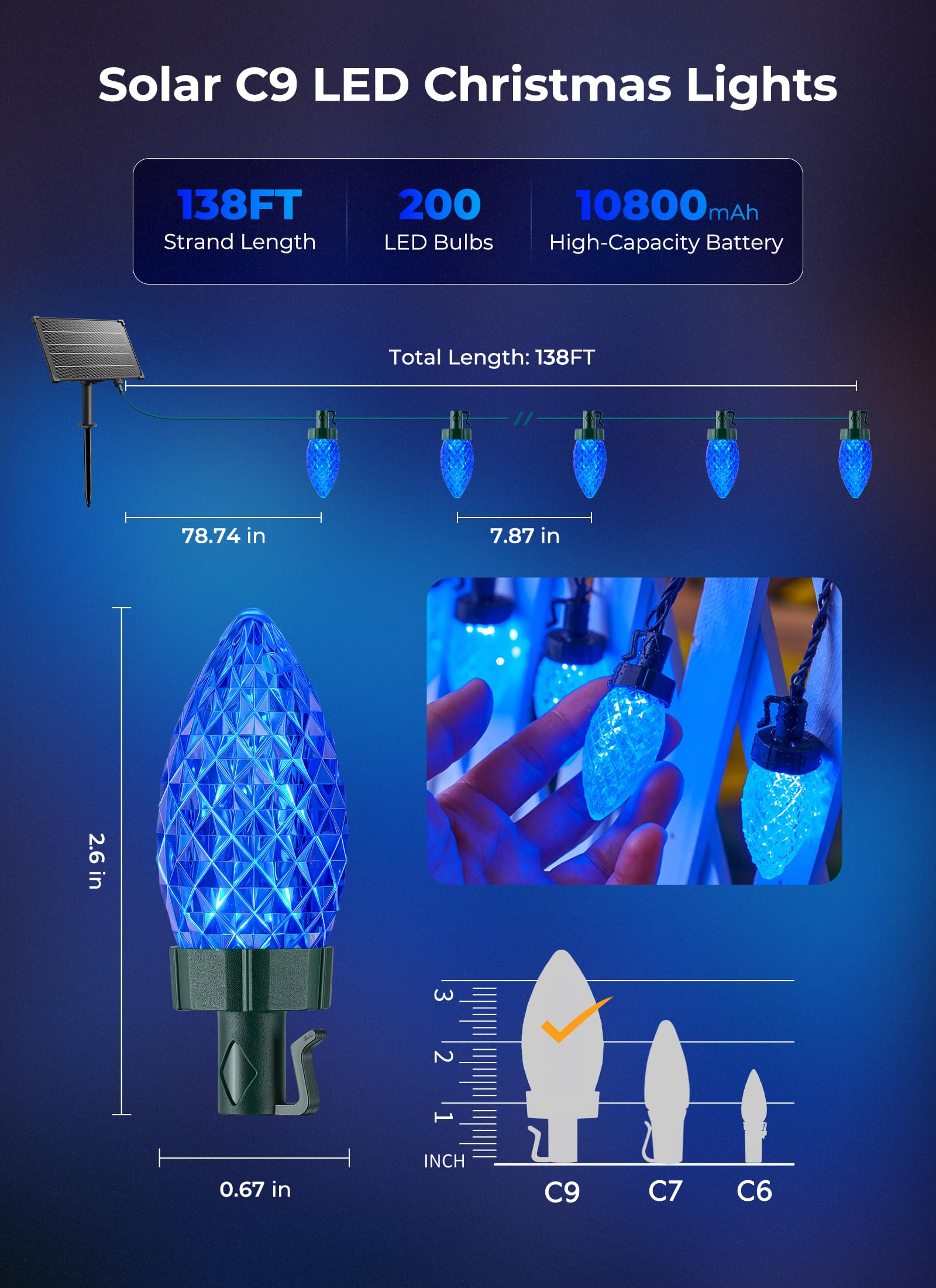 138ft 200 LED C9 Strawberry Solar Christmas String Lights Outdoor, Blue, Timer & 8 Modes
