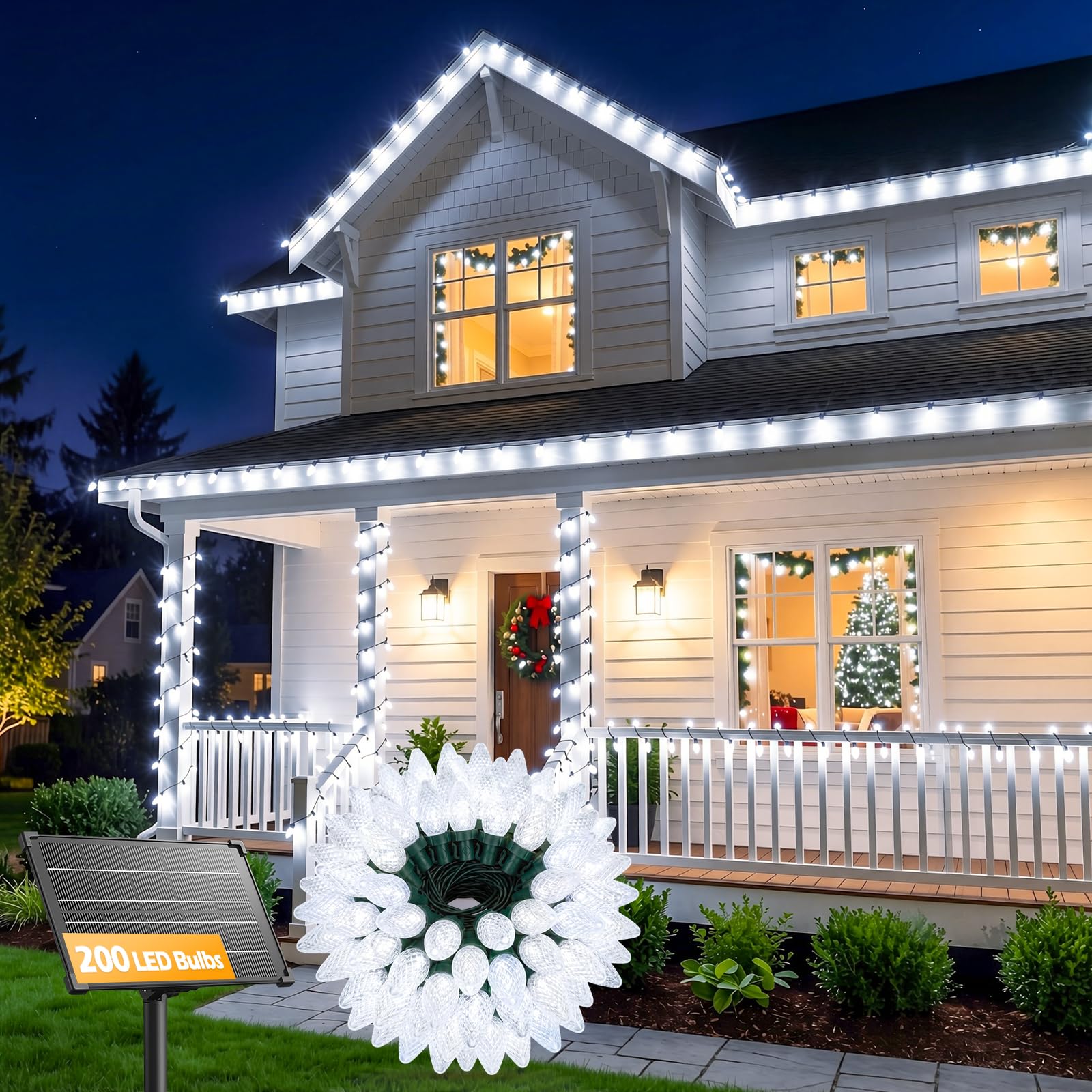 138ft 200 LED C9 Strawberry Solar Christmas String Lights Outdoor, Cool White, Timer & 8 Modes