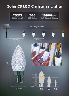 138ft 200 LED C9 Strawberry Solar Christmas String Lights Outdoor, Cool White, Timer & 8 Modes
