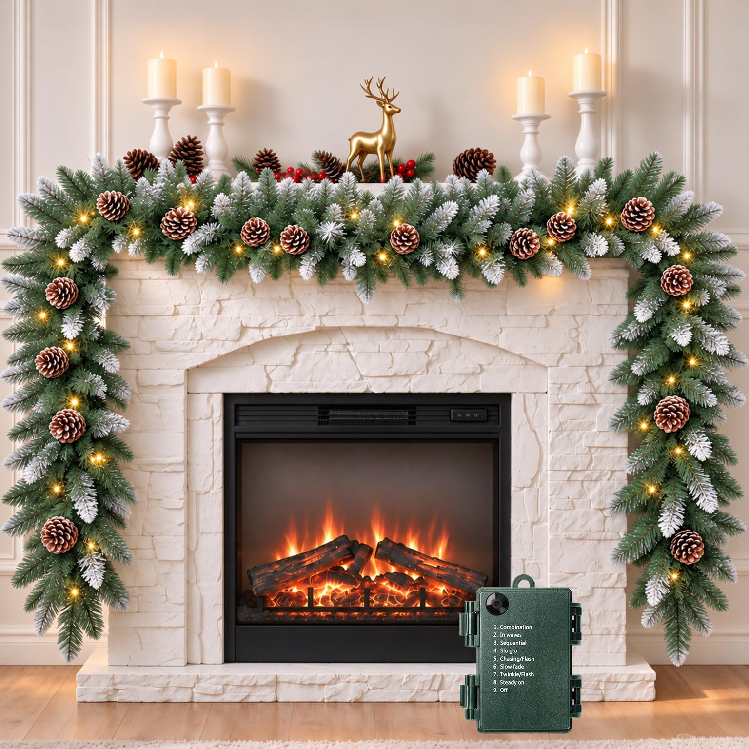 Christmas Garland with Lights, 9Ft Frosted Carolina Pine, 50 Pre-Installed LEDs, 20 Pine Cones