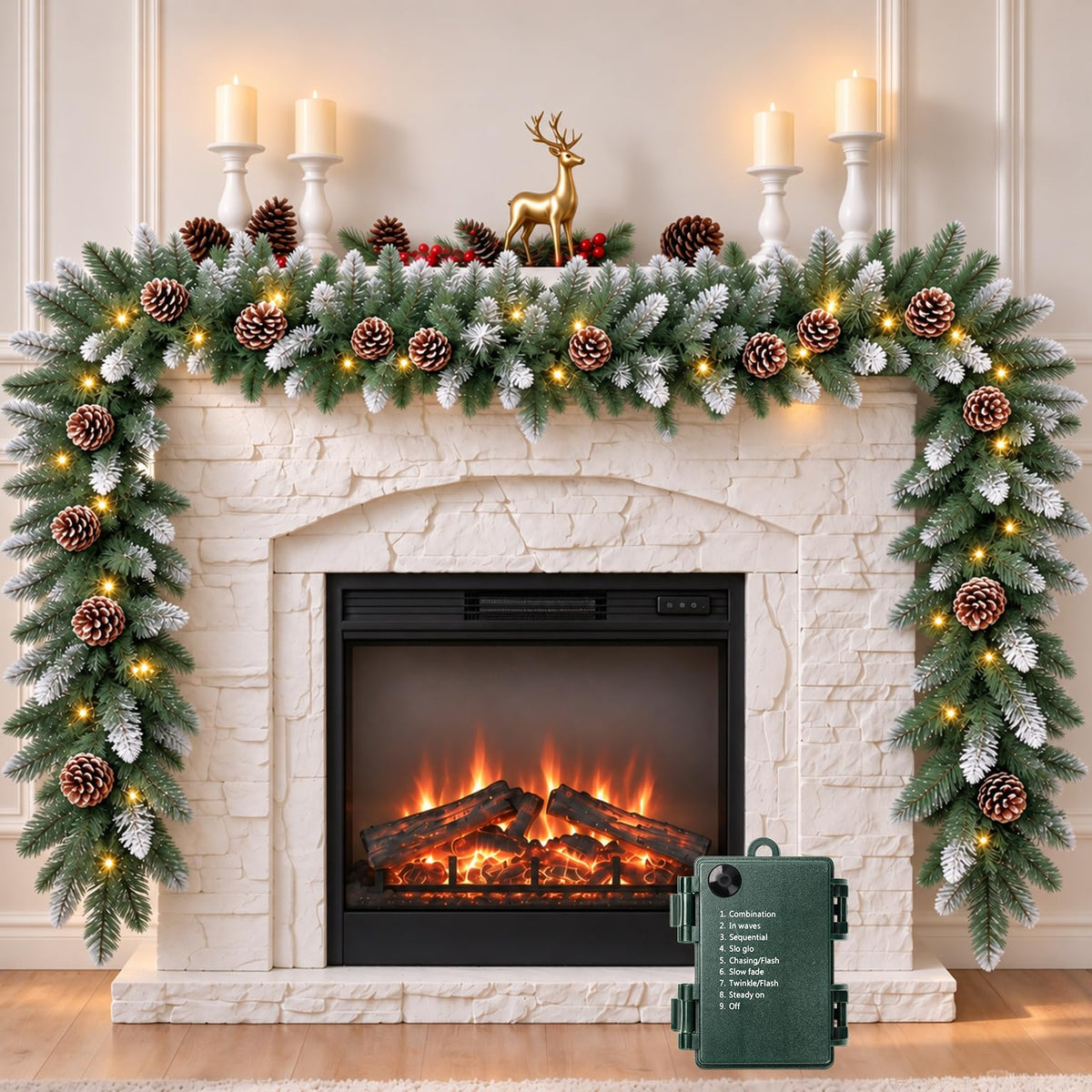 Christmas Garland with Lights, 9Ft Frosted Carolina Pine, 50 Pre-Installed LEDs, 20 Pine Cones