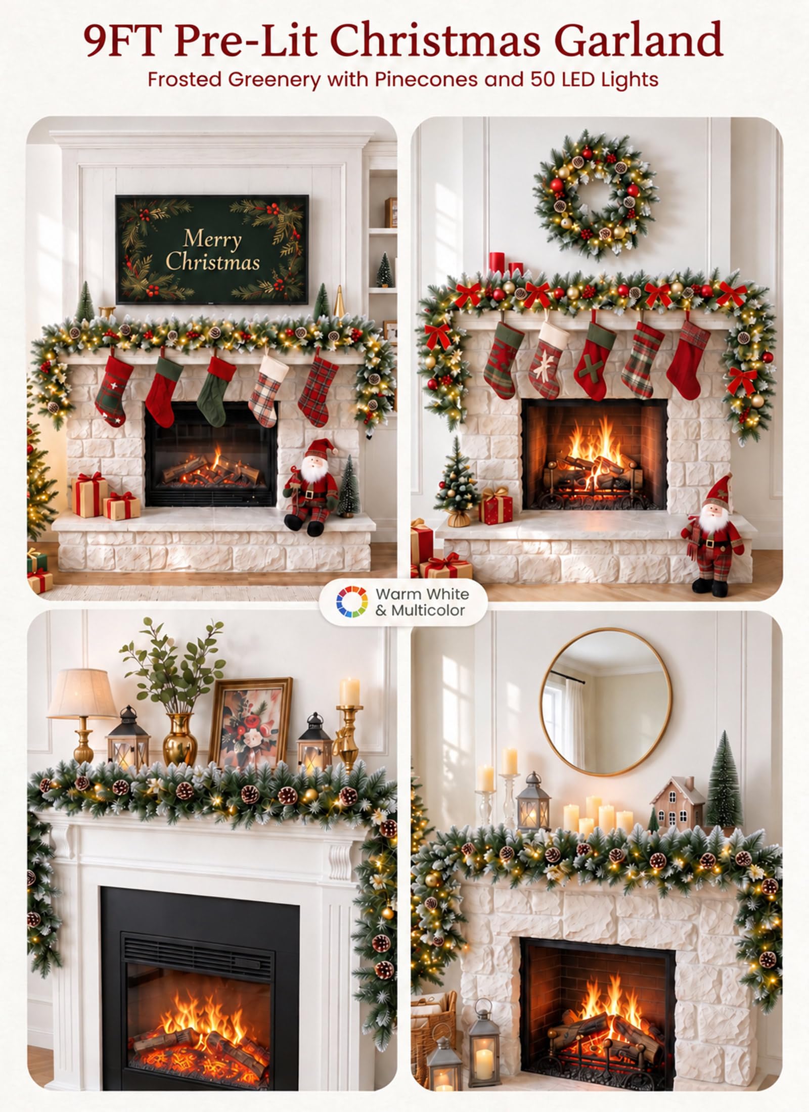 Christmas Garland with Lights, 9Ft Frosted Carolina Pine, 50 Pre-Installed LEDs, 20 Pine Cones