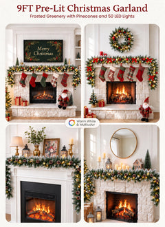 Christmas Garland with Lights, 9Ft Frosted Carolina Pine, 50 Pre-Installed LEDs, 20 Pine Cones