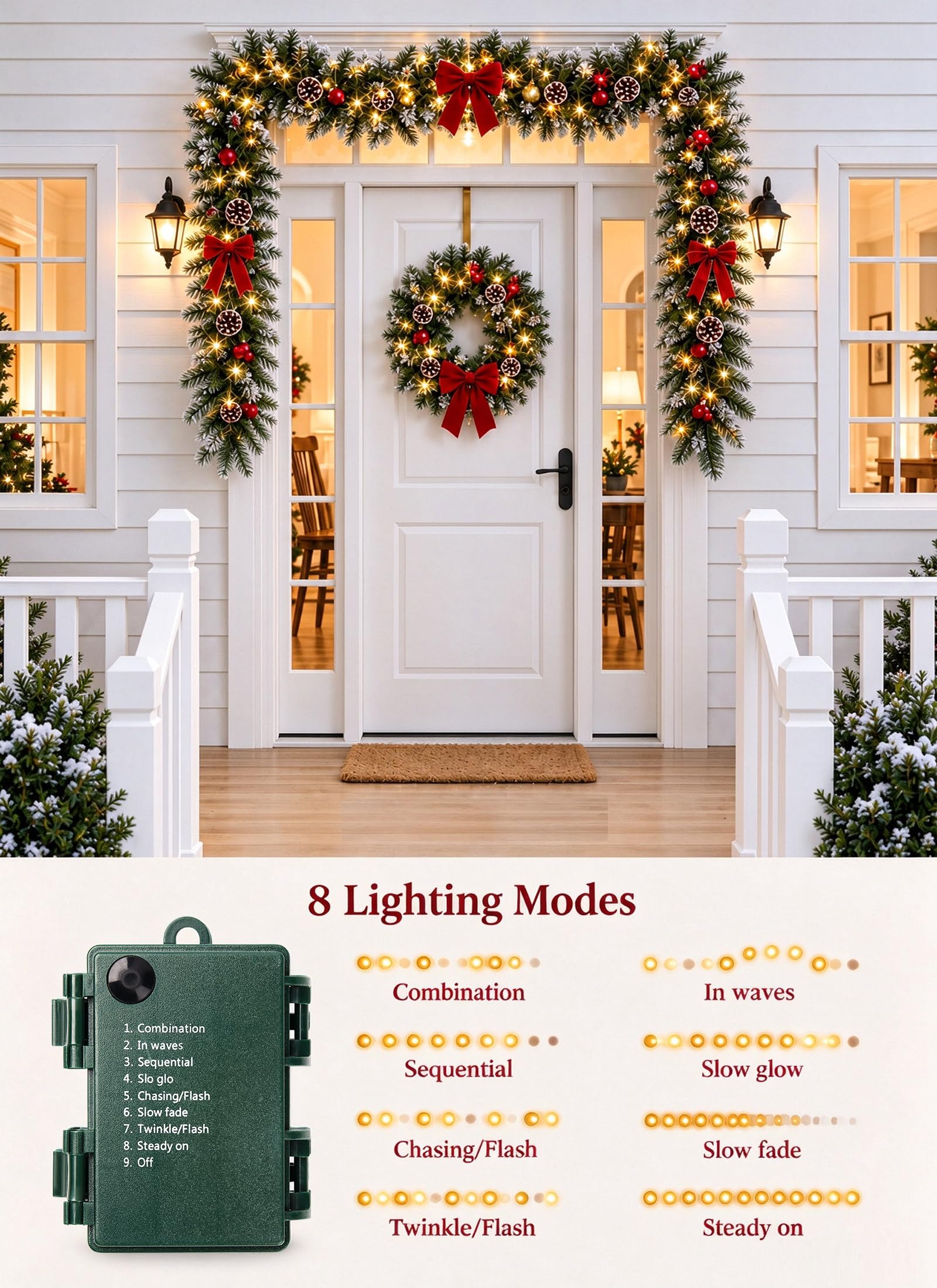 Christmas Garland with Lights, 9Ft Frosted Carolina Pine, 50 Pre-Installed LEDs, 20 Pine Cones