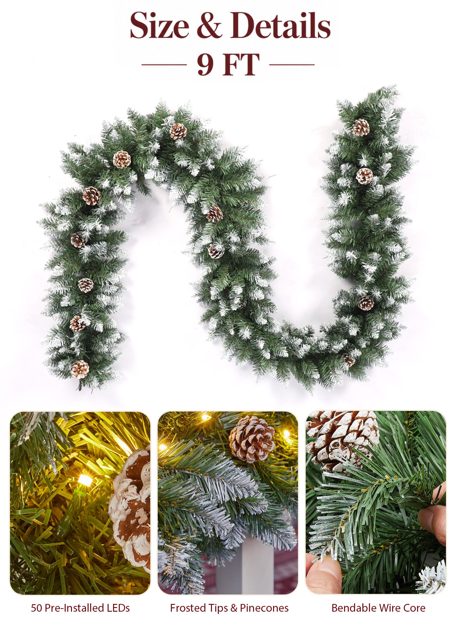 Christmas Garland with Lights, 9Ft Frosted Carolina Pine, 50 Pre-Installed LEDs, 20 Pine Cones