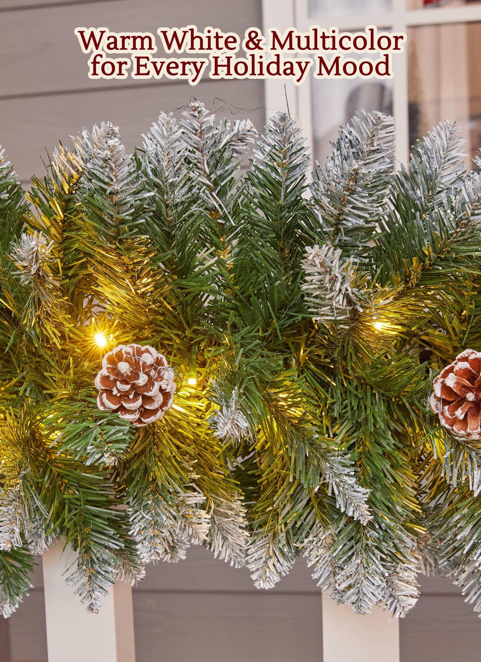 Christmas Garland with Lights, 9Ft Frosted Carolina Pine, 50 Pre-Installed LEDs, 20 Pine Cones